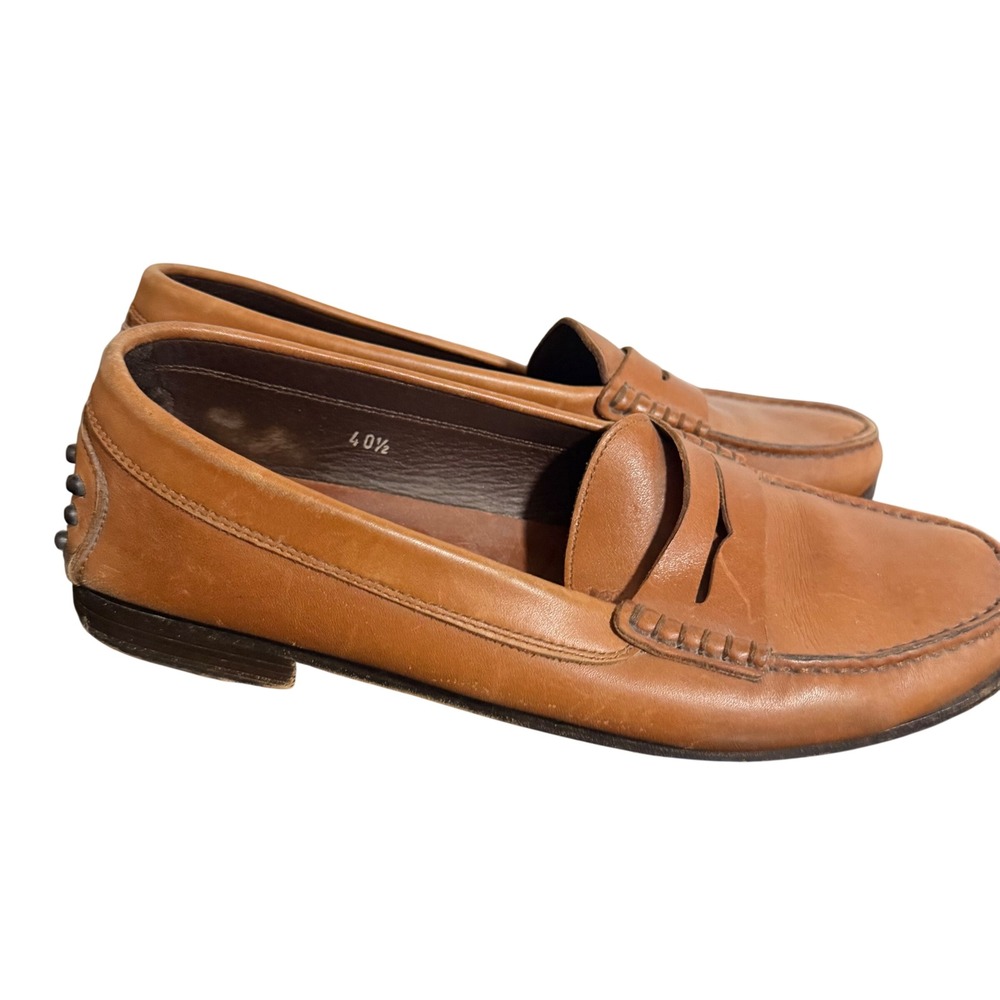 Tods Mens Tan Leather Penny Loafers Made in Italy Size 40.5 Brown Slip On Shoes